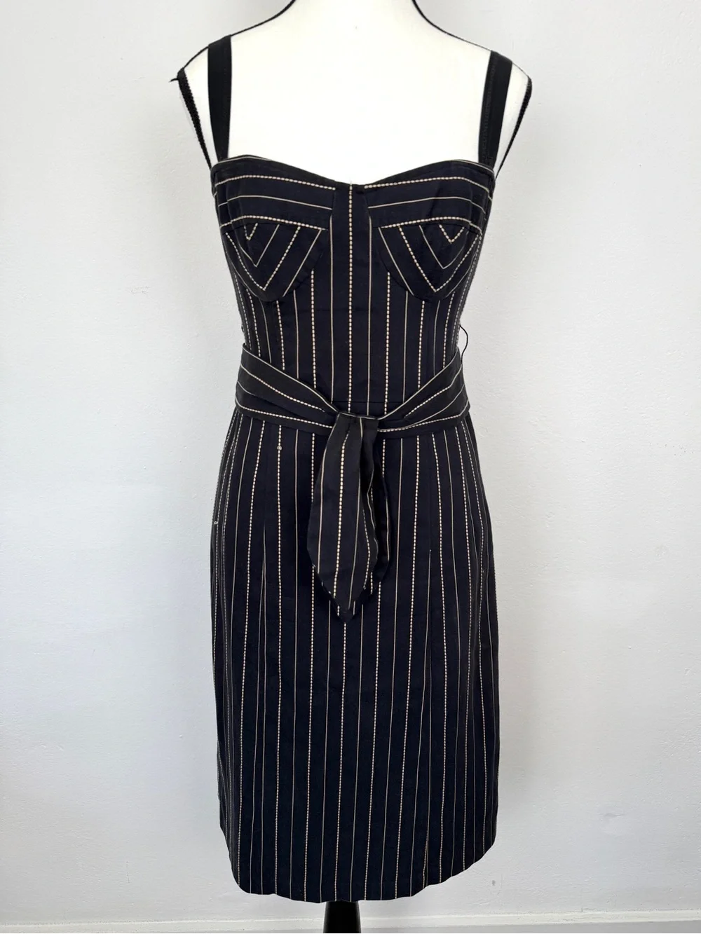 Vintage Nanette Lepore Size 6 Black Pinstripe Belted Corset Sheath Dress - Picture 1 of 13